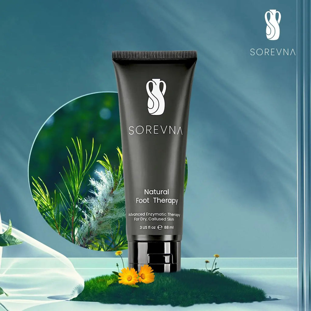 SOREVNA advanced foot cream for callused feet displayed with botanical elements, highlighting natural enzymatic therapy.