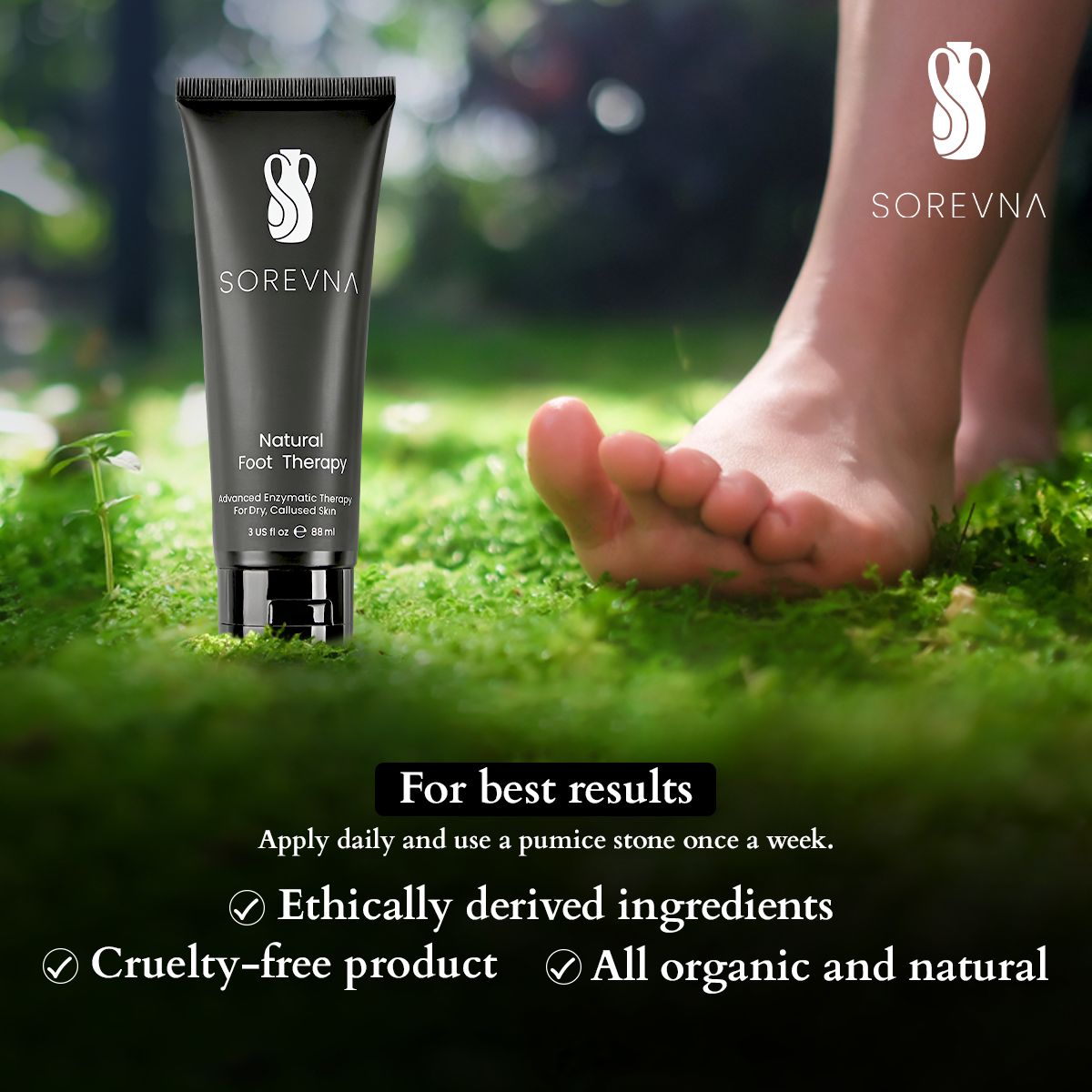 Sorevna Natural Foot Therapy cream placed on grass beside a bare foot, highlighting organic & cruelty-free ingredients.