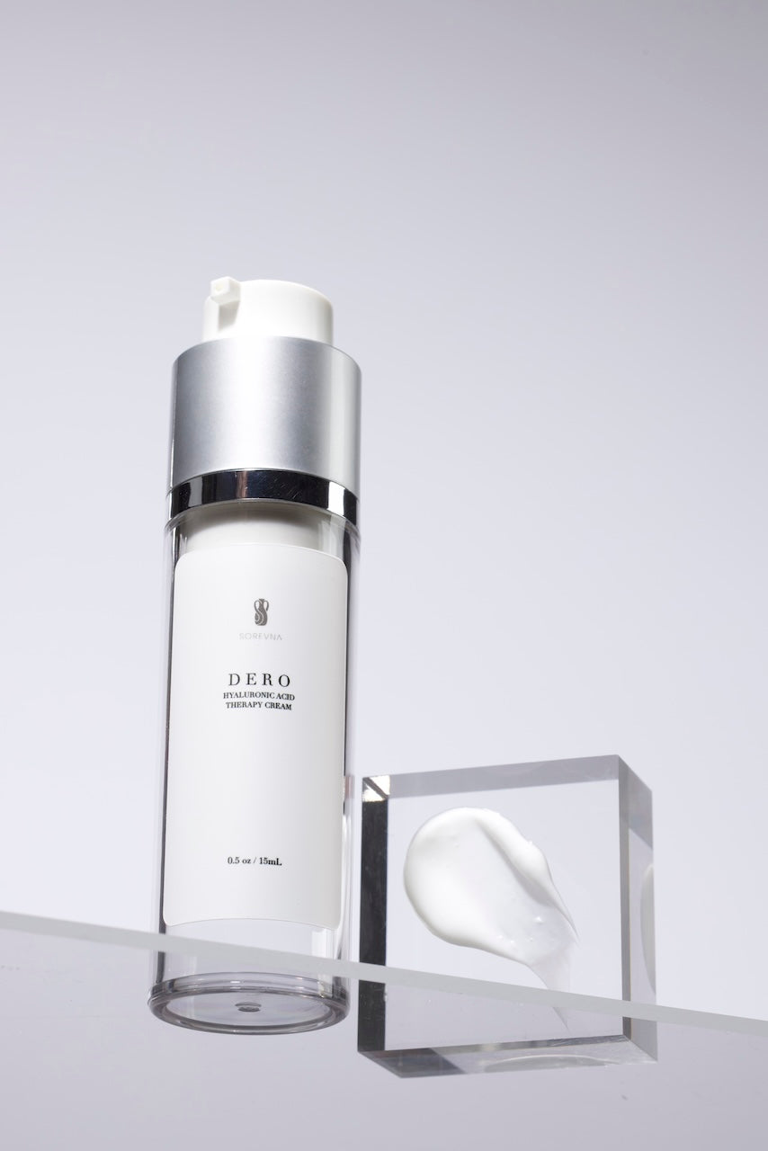 SOREVNA hyaluronic acid face cream bottle with cream texture, designed to restore skin hydration.