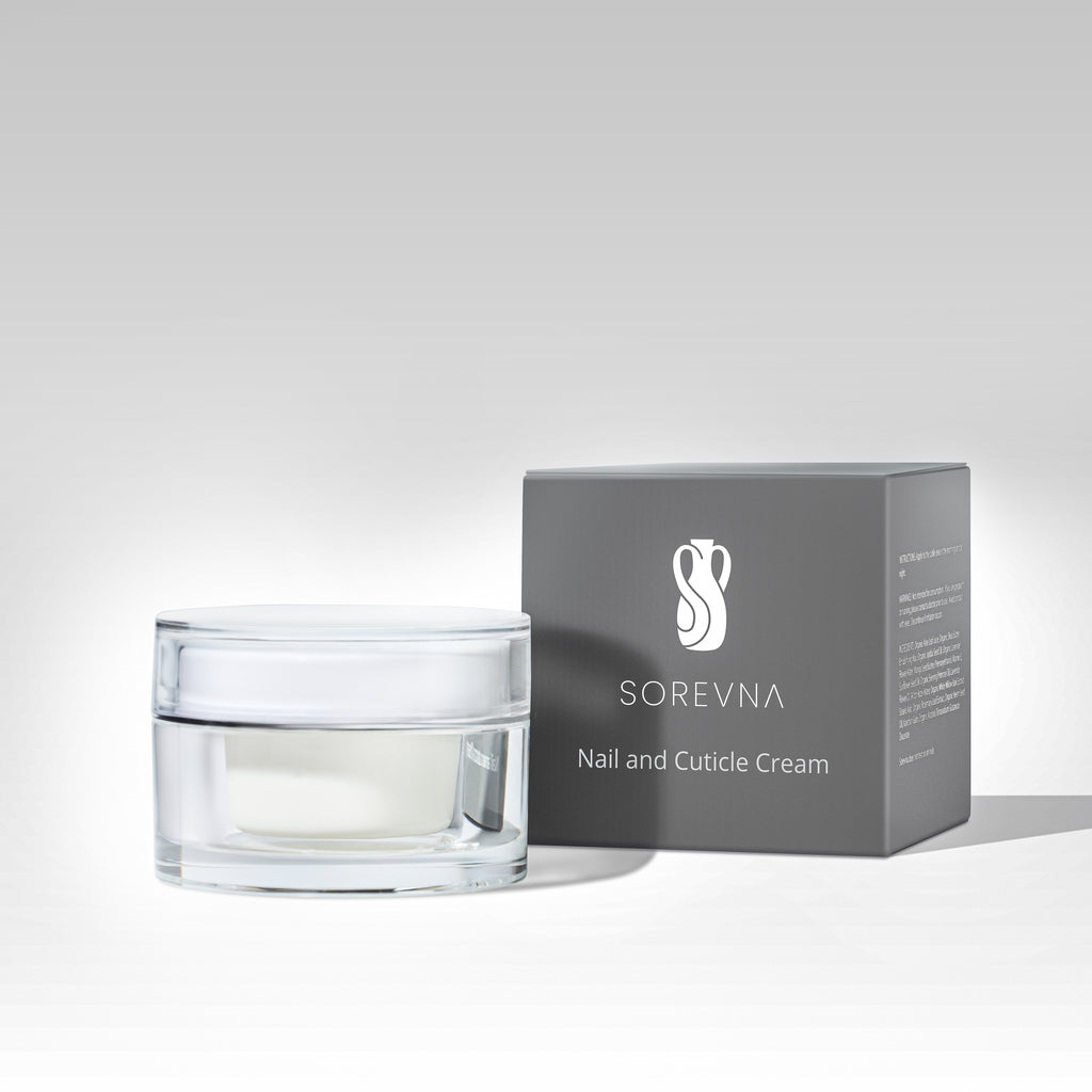 SOREVNA nail & cuticle cream in glass jar with box packaging for restoring dry hands & nails.