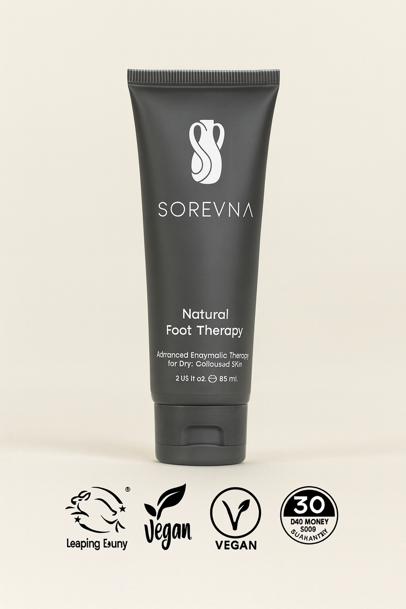 Sorevna Natural Foot Therapy cream for callused feet, vegan and cruelty-free formula for dry, rough skin care.
